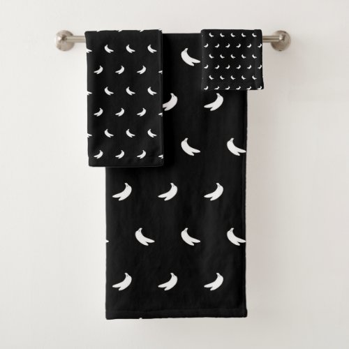 Silhouettes of Small White Bananas on Black Bath Towel Set