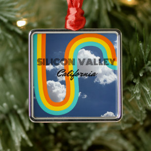 Silicon Valley California Retro Rainbow and Clouds Metal Ornament