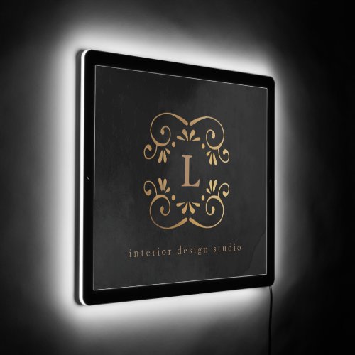 Silk Black Gold Faux Foil Flourish Monogram LED Sign