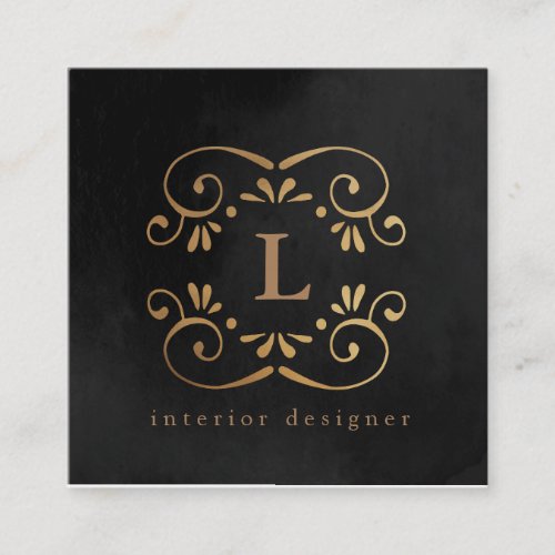 Silk black gold faux foil flourish monogram square business card