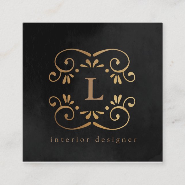 Silk black gold faux foil flourish monogram square business card (Front)