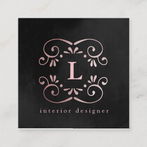 Silk black rose gold faux foil flourish monogram square business card