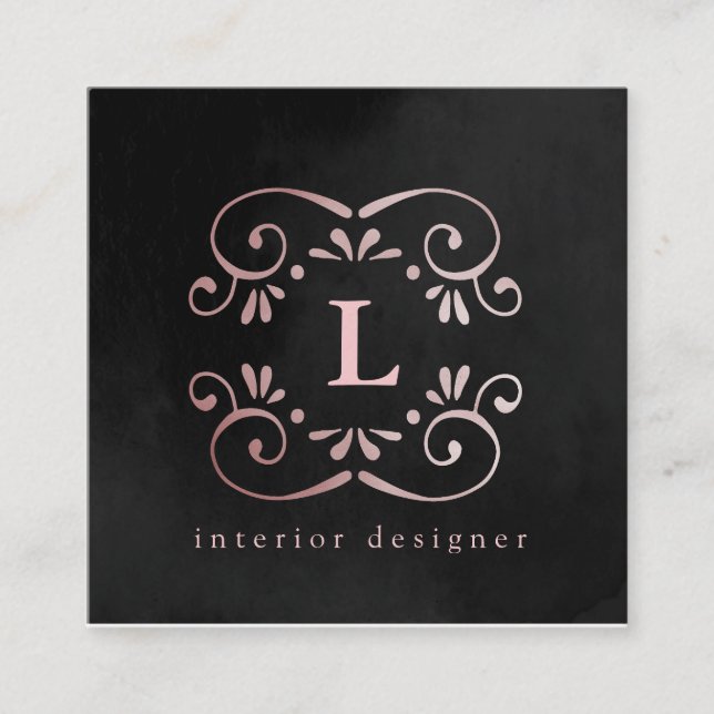 Silk black rose gold faux foil flourish monogram square business card (Front)
