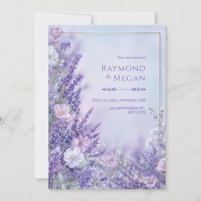 Silk Blossom Romantic Lavender Gold Frame Wedding Invitation (Front)