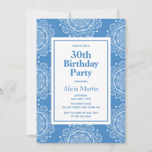 Silk Blue & White Mandala Flower 30th Birthday Invitation