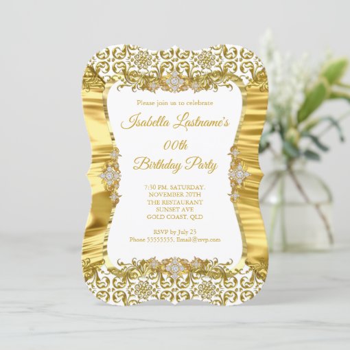 Silk Damask Gold White Diamond Birthday Party Invitation | Zazzle