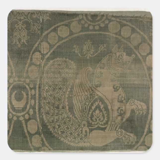 Silk fragment showing the 'Senmurv' Square Sticker (Front)
