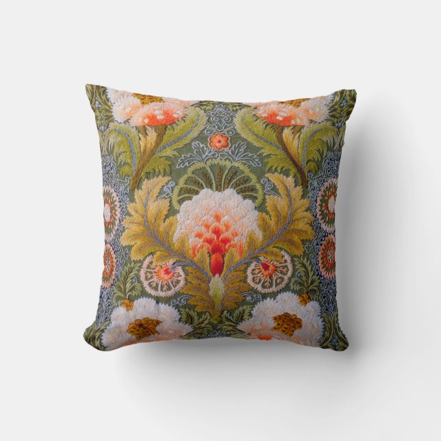 Silk Green Embroidery Art Throw Pillow (Front)