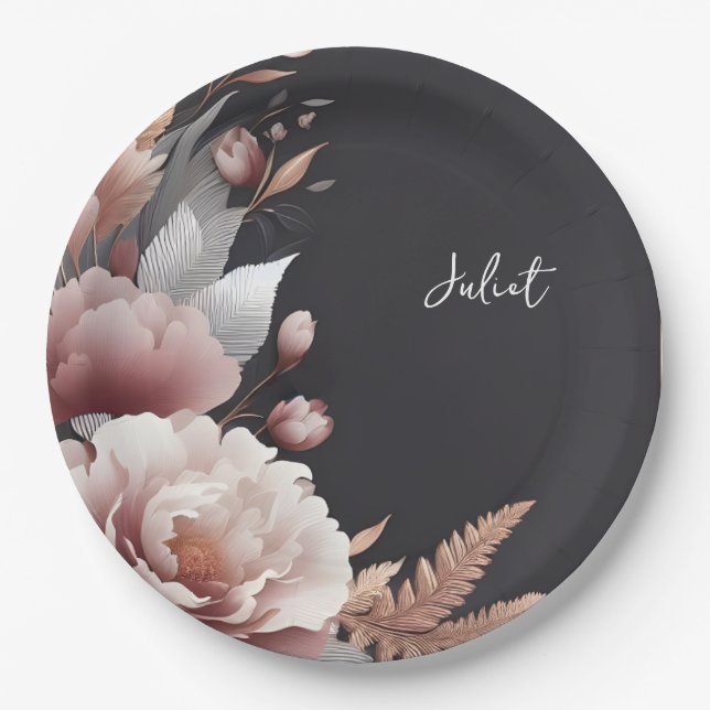 Silk Pink Boho Peony Dusty Rose Bridal Shower Paper Plates (Front)