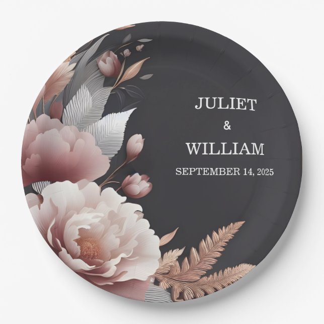 Silk Pink Boho Peony Garden Dusty Rose Wedding Paper Plates (Front)