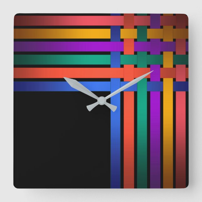 Silk ribbons lines black background pattern bright square wall clock (Front)