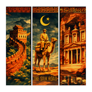 Silk Road-Great Wall,Camel & Petra- Vintage Gouach Triptych