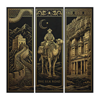 Silk Road-Great Wall & Petra-Gold Foil Style Triptych