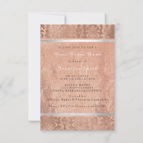 Silk Rose Gold Copper Gray Damask Bridal 16th Invitation