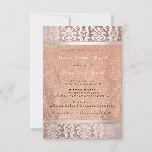 Silk Rose Gold Copper Silver Damask Bridal 16th Invitation