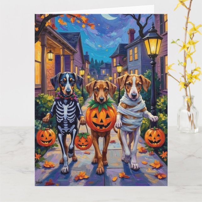Silken Windhound Dogs in Halloween Costumes Card (Yellow Flower)