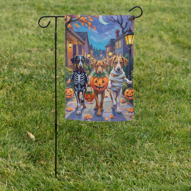 Silken Windhound Dogs in Halloween Costumes Garden Flag (In SItu)
