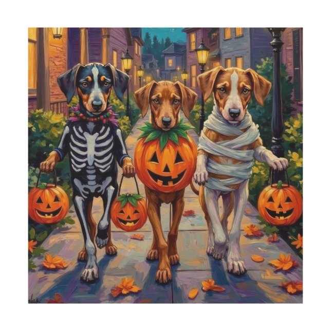 Silken Windhound Dogs in Halloween Costumes Wood Wall Art (Front)