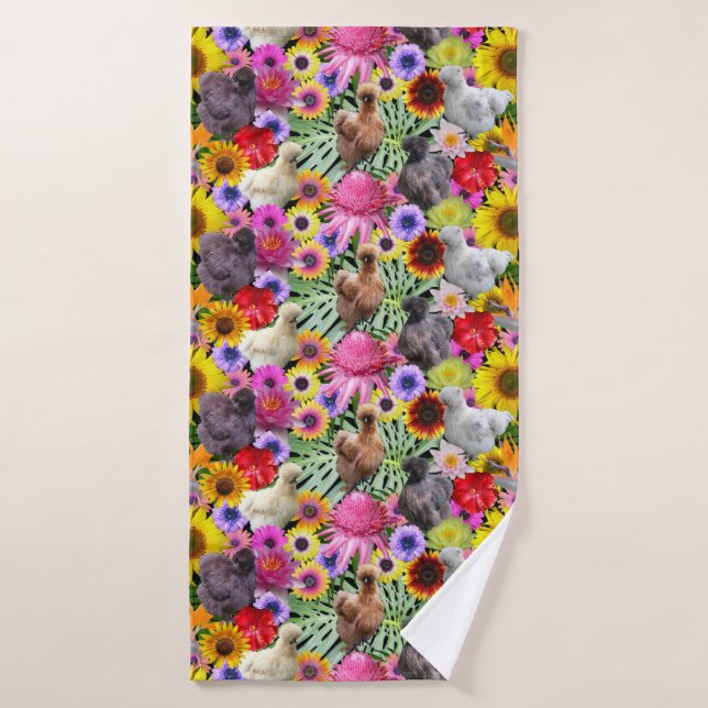 Silkie Bantam Chicken Daisy Tropical Flowers Bath Towel (Bath Towel)