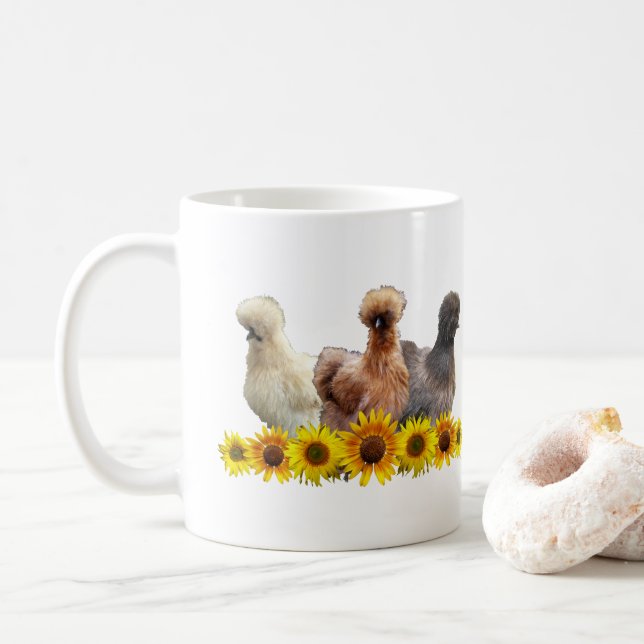 Silkie Bantam Chicken Trio and Sunflowers Coffee Mug (With Donut)