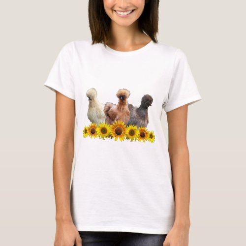 Silkie Bantam Chicken Trio and Sunflowers T_Shirt