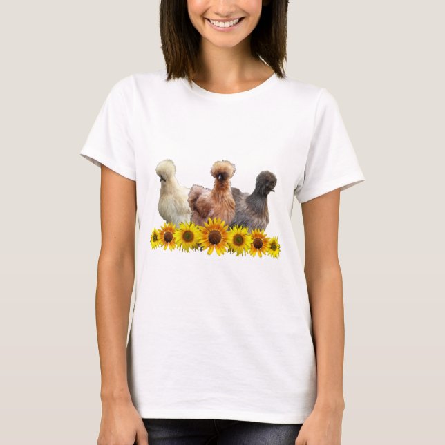 Silkie Bantam Chicken Trio and Sunflowers T-Shirt (Front)