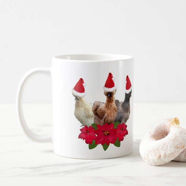 Silkie Bantam Chicken Trio Christmas Poinsettia Coffee Mug (With Donut)