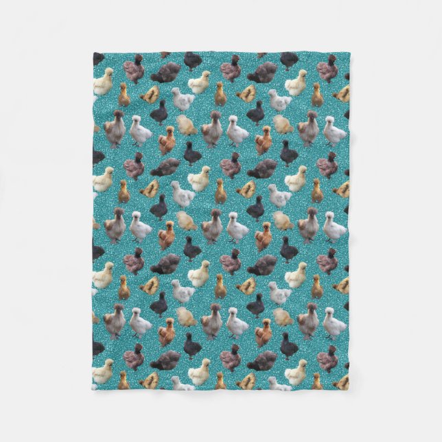 Silkie Bantam Chickens Faux Glitter Turquoise Fleece Blanket (Front)