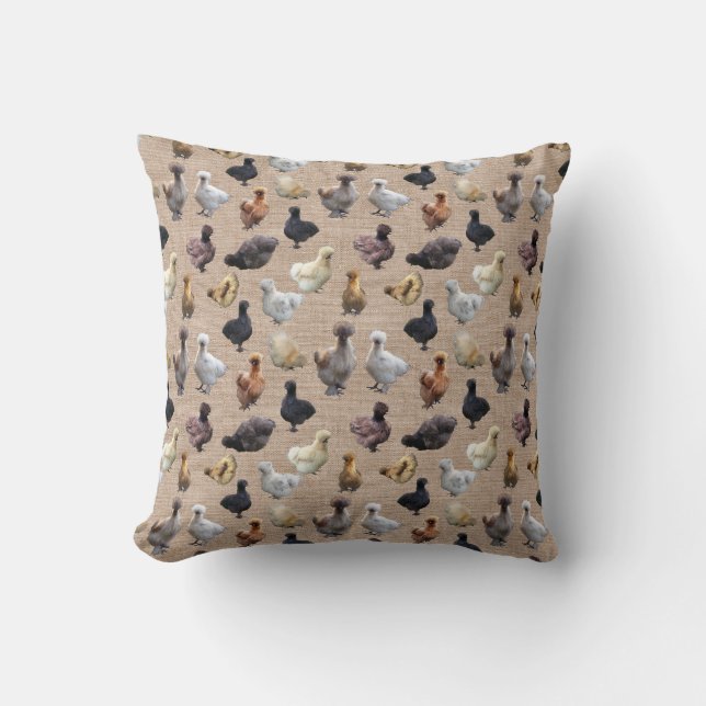 Silkie Bantam Chickens on Burlap Throw Pillow (Front)