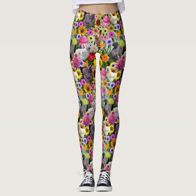 Silkie Bantam Chickens Tropical Flowers Leaves Leggings (Front)