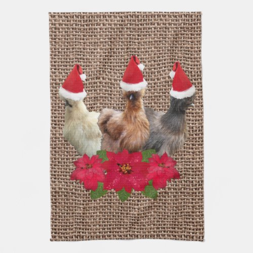 Silkie Bantam Christmas Chickens Santa Hats Burlap Kitchen Towel