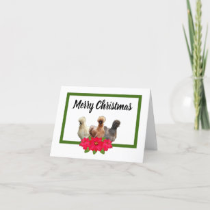 Silkie Bantam Merry Christmas Chicken Poinsettia Holiday Card