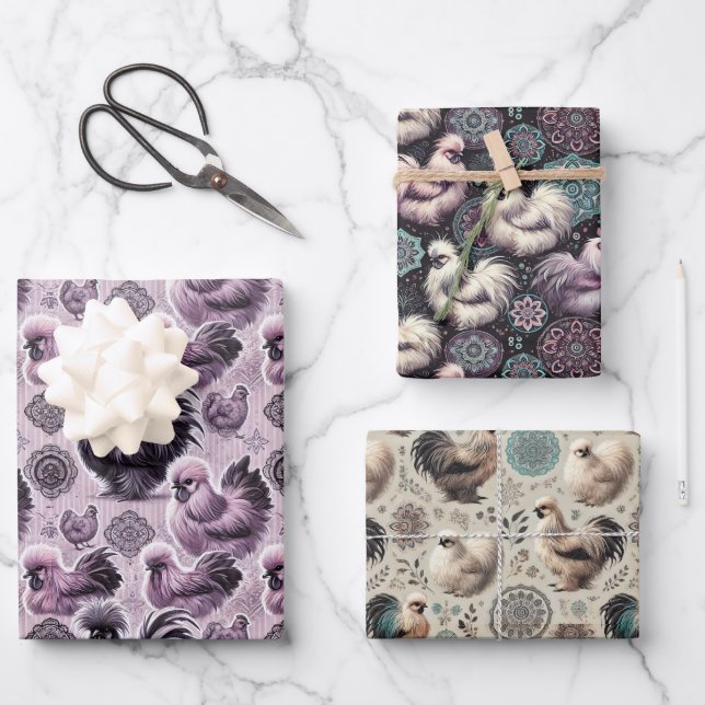 Silkie Chicken 3-Sheet Flat Wrapping Paper Set (Front)