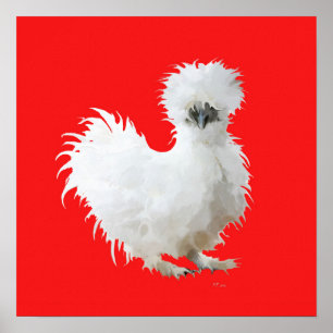 Silkie Chicken on Red Poster