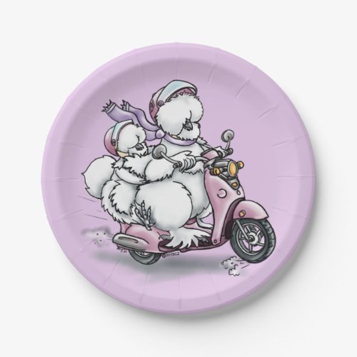 Silkie chickens on a scooter paper plates