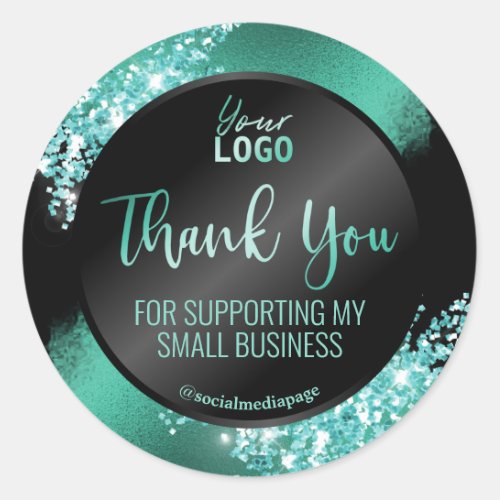 Silky Black Teal Glitter Thank You Logo Classic Round Sticker