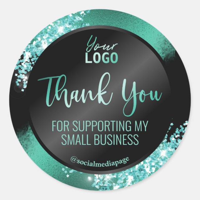 Silky Black Teal Glitter Thank You Logo Classic Round Sticker (Front)