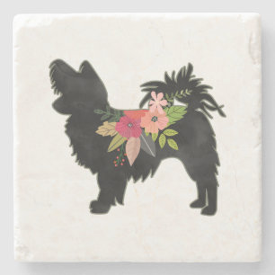 Silky Chihuahua Dog Breed Boho Floral Silhouette Stone Coaster