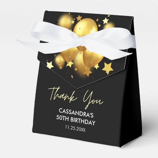 Silky Golden Balloons Stars Black Birthday  Favor Boxes (Front Side)