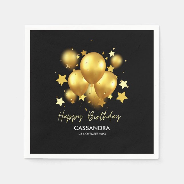 Silky Golden Balloons Stars Black Birthday  Napkins (Front)
