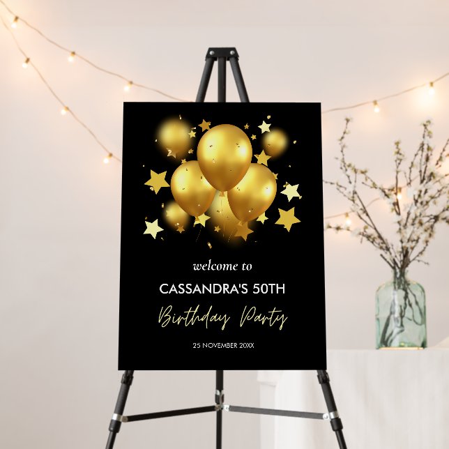 Silky Golden Balloons Stars Black Birthday Welcome Foam Board (In Situ (Stand))