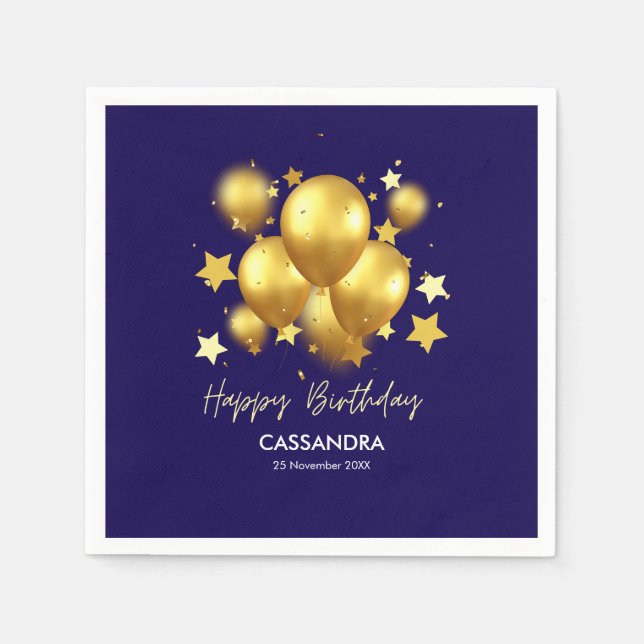 Silky Golden Balloons Stars Navy Birthday Napkins (Front)