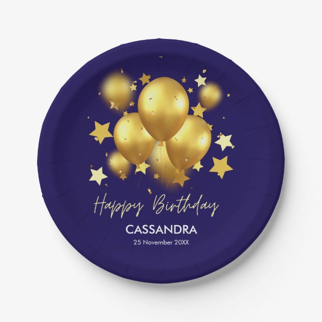 Silky Golden Balloons Stars Navy Birthday Paper Plates (Front)