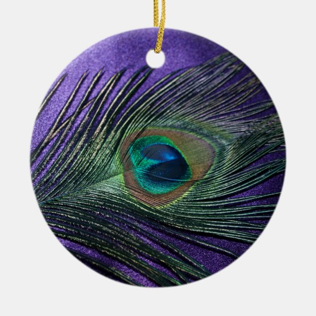 Silky Purple Peacock Feather Ceramic Ornament (Front)