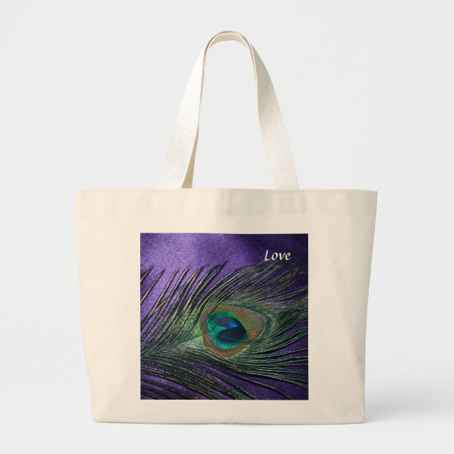 Silky Purple Peacock Feather Large Tote Bag (Front)