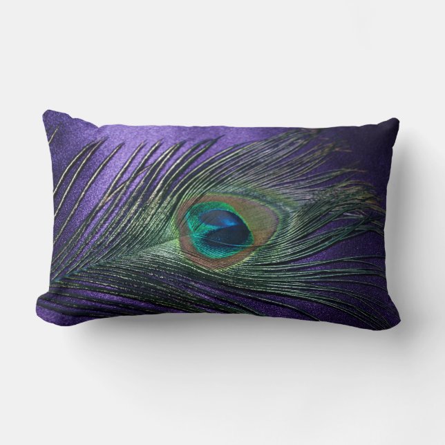 Silky Purple Peacock Feather Lumbar Pillow (Front)
