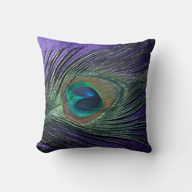Silky Purple Peacock Feather Still Life Throw Pillow (Front)