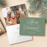 Silky Sage Merry Christmas Script Photo Folded Holiday Card<br><div class="desc">This Christmas photo folded card features elegant and romantic swirly calligraphy lettering with a winter holly berry bouquet and a photo inside. For more advanced customization of this design,  please click the BLUE DESIGN TOOL BUTTON above!</div>