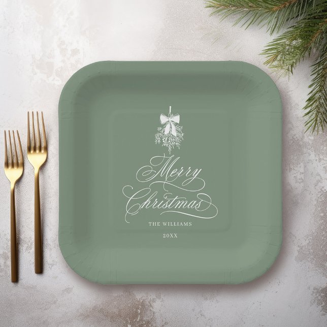 Silky Sage Romantic Calligraphy Merry Christmas  Paper Plates (Creator Uploaded)