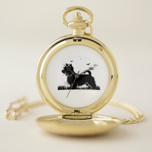 Silky Terrier Dog � Halloween Moon Silhouette Clas Pocket Watch